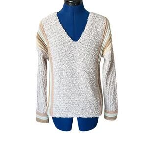 Mystree Anthropologie Chenille Striped Sweater Womens Size S Soft Cottage V Neck